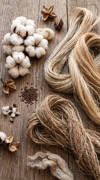 Natural cotton bolls and raw flax fibers arranged on a rustic wooden table.