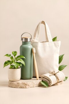Eco friendly essentials with reusable bottle and canvas tote bag