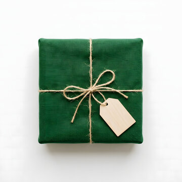 Square gift box wrapped in dark green fabric with rustic twine and blank wooden tag