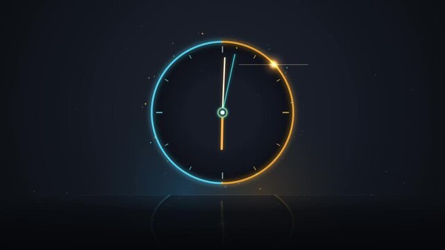 Minimalist clock showing passing time with futuristic neon glow effect and reflections on dark background.