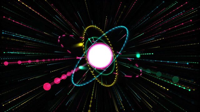 Futuristic glowing atom model with orbiting electrons and radiating color particle rays