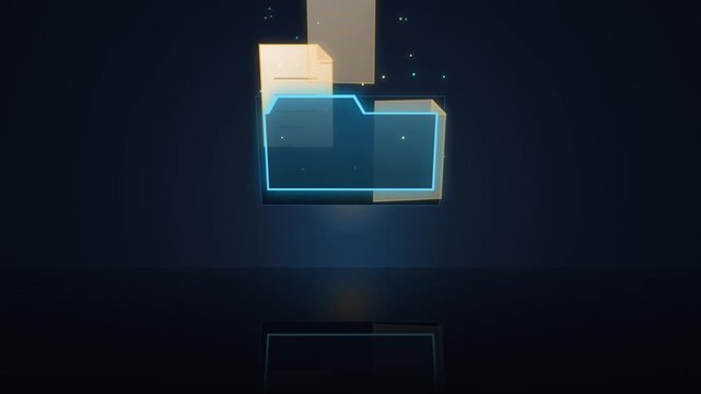 Neon blue digital file folder icon with floating documents animating in dark studio space 3d motion graphic element.