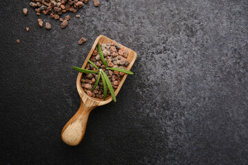 Obraz premium Coarse black Himalayan salt crystals in a wooden scoop with rosemary on dark background