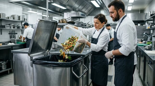 Professional chefs dumping food waste into a stainless steel garbage container in an industrial kitchen.