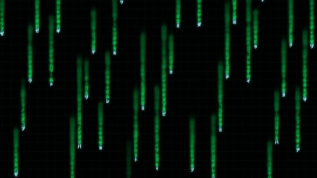 Digital matrix rain falling with Japanese characters and green glowing code on a dark grid background cyber cyberpunk computer data stream binary technology futuristic hacker programming software