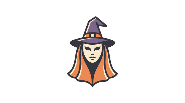 Witch vector logo illustration featuring mystical character wearing pointy hat and mask