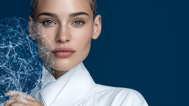 Humanoid AI Fintech Strategist Holding Transparent Financial Ecosystem &mdash; Luxury Financial Campaign Portrait

