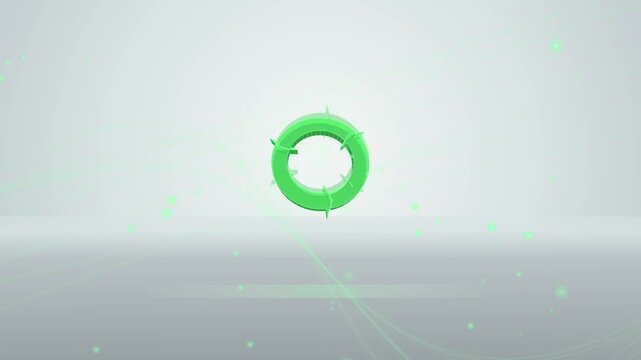 Rotating green target logo on plain white background with abstract lines and floating particle effects footage.