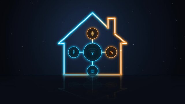 Smart home neon icon animation with glowing blue and orange outline representing wifi connection in clean dark room.