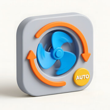 Three dimensional ventilation fan icon with orange rotating arrows and yellow auto button on gray square