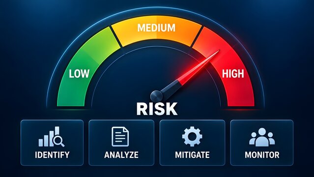 Risk management dashboard with gauge meter indicating high danger level alongside digital buttons for identification and mitigation strategy