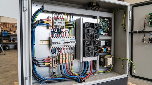 Industrial electrical control panel with cooling fans and wiring.