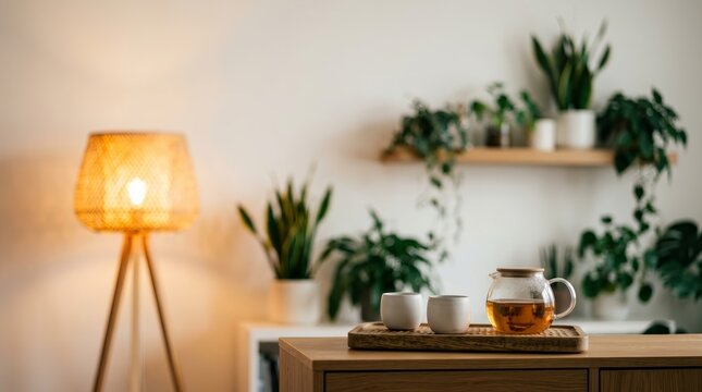 Warm home interior with soft blurred lighting and indoor plants for web hero banner