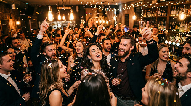 Enthusiastic diverse crowd enjoying festive night club celebration perfect for modern new year events and professional holiday party promos
