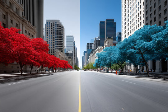 Urban Heat Crisis vs AI-Optimized Green Infrastructure &mdash; Side-by-Side City Block Climate Adaptation Concept

