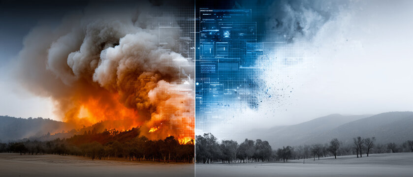 AI Satellite Early-Warning Interface Revealing Wildfire Through Smoke &mdash; Cinematic Split-World Disaster Concept

