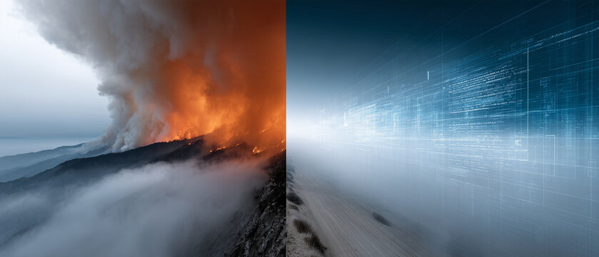 AI Satellite Early-Warning Interface Revealing Wildfire Through Smoke &mdash; Cinematic Split-World Disaster Concept

