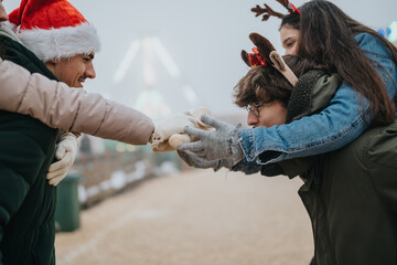 Naklejka premium Young friends share a warm drink while dressed in festive hats and winter coats. A playful holiday moment at an outdoor Christmas market with laughter and seasonal accessories.