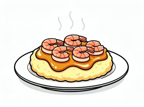 Shrimp served over a bed of savory rice topped with a rich brown gravy sits on a plate to represent a delicious meal choice for hungry diners wanting a hot culinary experience.