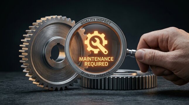 Industrial mechanic holding a magnifying glass over metal gears with a maintenance required alert icon.
