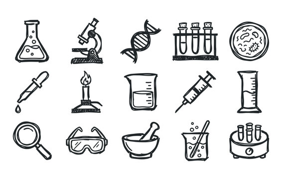 Handmade chemistry laboratory research asset collection displaying sketchy microscopes DNA strands glass flasks test tubes and medical testing apparatus for educational projects