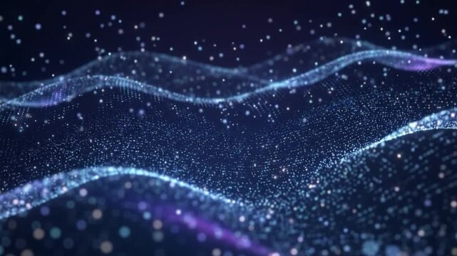 Abstract digital particle waves flowing through a dark background with glowing blue and purple light, creating a futuristic technology atmosphere suitable for data, AI, innovation, and digital media c