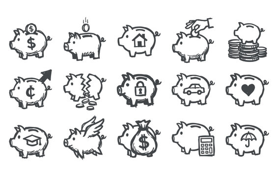 Hand drawn vector doodle illustrations of piggy bank savings and personal finance goals including home mortgage education fund coin stacks broken piggy and car purchase