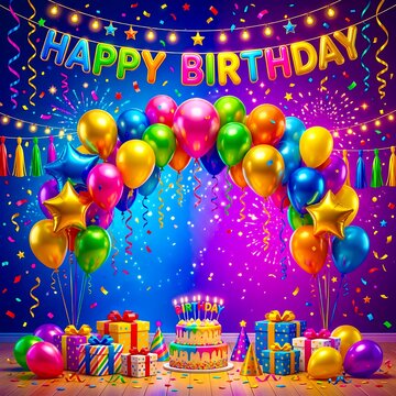 Colorful birthday party room with balloons and gift boxes ready for celebration