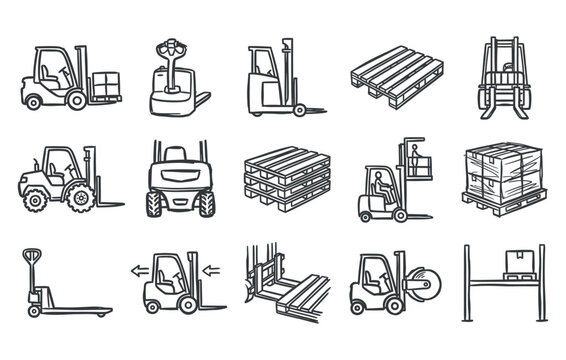 Handmade commercial workspace equipment graphic bundle highlighting distribution center transport vehicles wooden skids and heavy cargo infrastructure