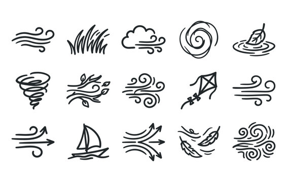 Handmade wind blow weather assets displaying sketchy air currents breeze gusts swirling tornadoes blowing grass and sailing boat graphics for atmospheric climate projects