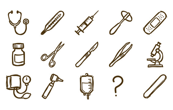 Healthcare medical instruments vector bundle displaying sketchy stethoscopes thermometers clinical syringes surgical scalpel blades bandage strips and hospital diagnostic gear