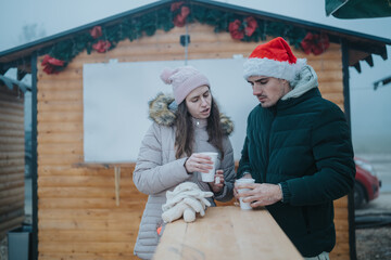 Naklejka premium Two friends stand at a wooden market stall drinking hot beverages in winter coats. A casual outdoor Christmas market scene with warm drinks and festive hat.