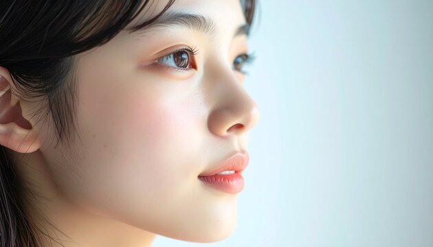 20代女性の超接写横顔、自然な表情と素肌の質感
