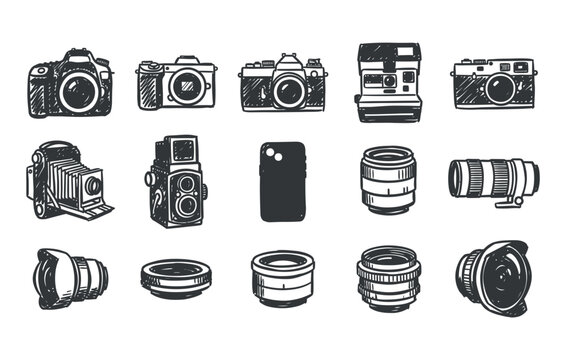 Vintage and modern photography equipment vector asset pack showcasing hand sketched professional digital cameras retro film devices polaroid and optical lenses