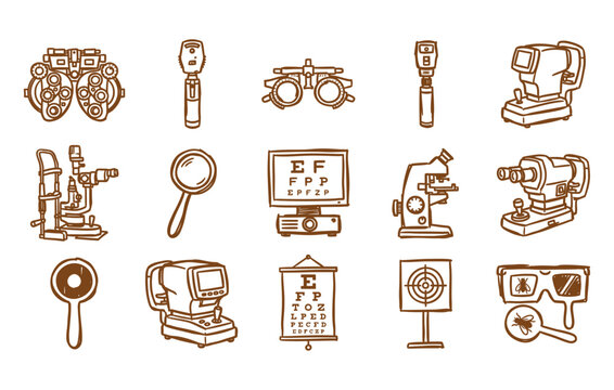 Vision testing medical apparatus graphic pack displaying sketchy autorefractor machines eye checkup charts stereotest tools ophthalmologist practice instruments and optics gear