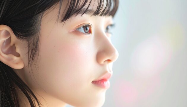 20代女性の超接写横顔、自然な表情と素肌の質感