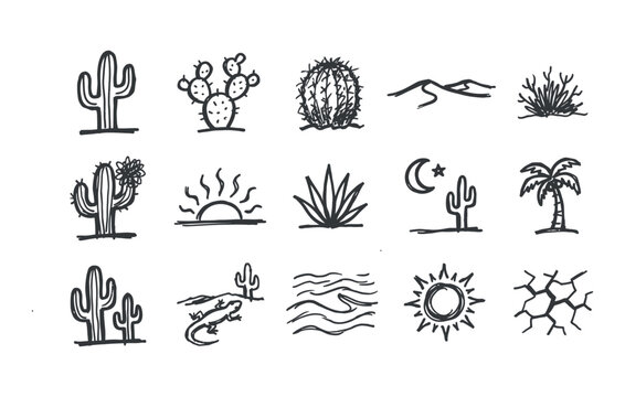 Arid wilderness climate and drought nature black ink line art clipart set featuring blazing sun heatwaves cracked parched earth desert lizard and night sky cactus