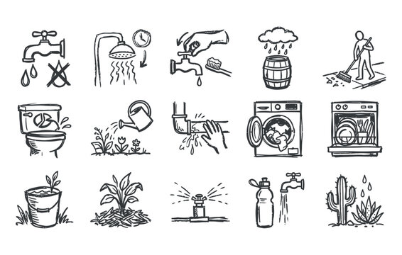Water conservation and eco friendly environment vector bundle displaying sketchy saving taps leaking pipes rainwater barrels plant watering cans and washing appliances