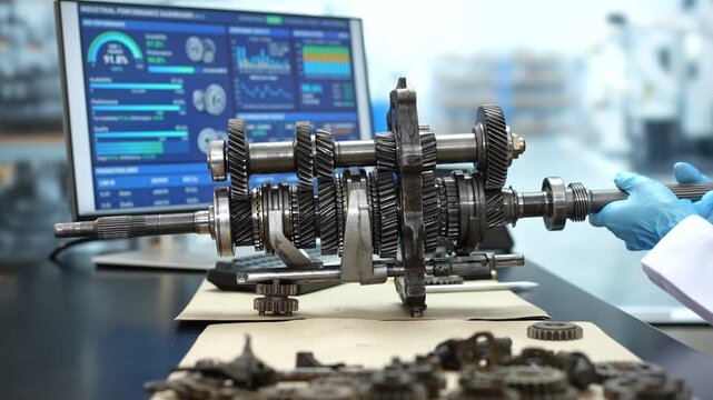 Close-up of a vehicle transmission gearbox on a workbench as a technician in blue gloves inspects the shaft beside a computer monitoring screen.