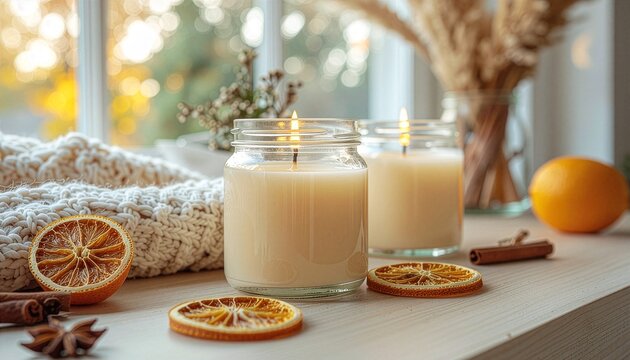 Cozy scented candles burning in glass jars on a windowsill with dried orange slices, cinnamon sticks, and a soft knitted blanket in a warm autumnal atmosphere