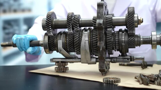 Mechanic in blue gloves examining a disassembled manual transmission gearbox with exposed gears on a workbench in an auto repair workshop.