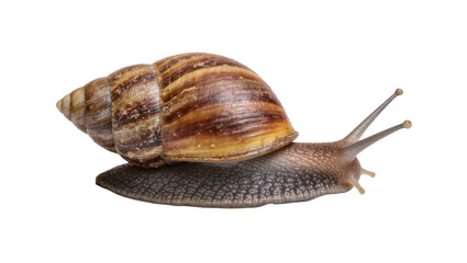 Brown striped snail with textured body, isolated on transparent background © Marie