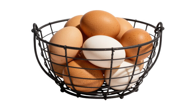 Brown and white chicken eggs in a black wire basket, isolated on transparent background
