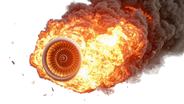 Jet engine turbine engulfed in a massive fiery explosion, isolated on transparent background