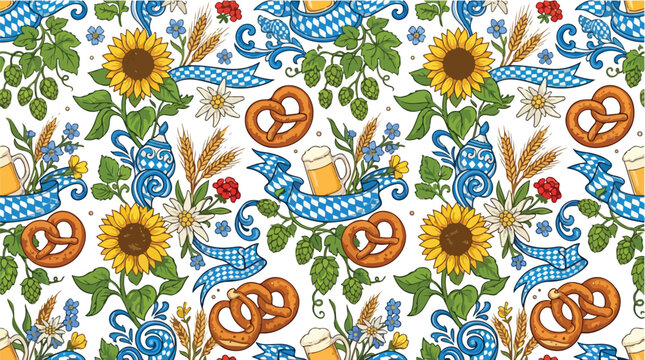 Seamless pattern with Bavarian festival elements like pretzels, beer mugs, sunflowers and wheat