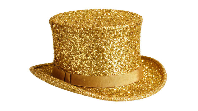 Sparkling gold glitter top hat with satin ribbon band, isolated on transparent background