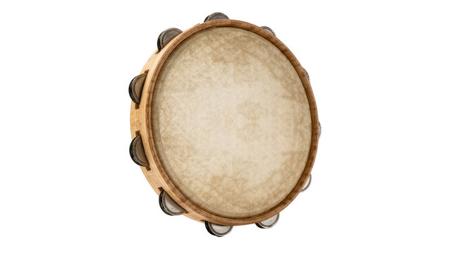Round wooden tambourine with jingles, isolated on transparent background