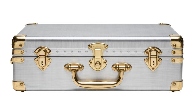 Silver metal suitcase with gold hardware, isolated on transparent background