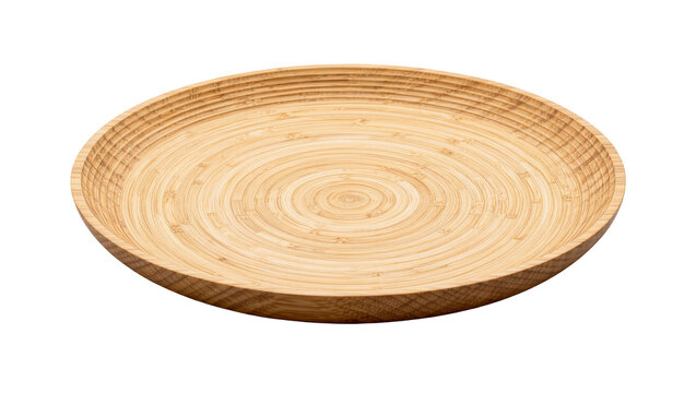 Round bamboo serving dish with concentric rings, isolated on transparent background