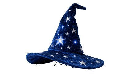 Deep blue velvet wizard hat with silver stars, isolated on transparent background © Marie